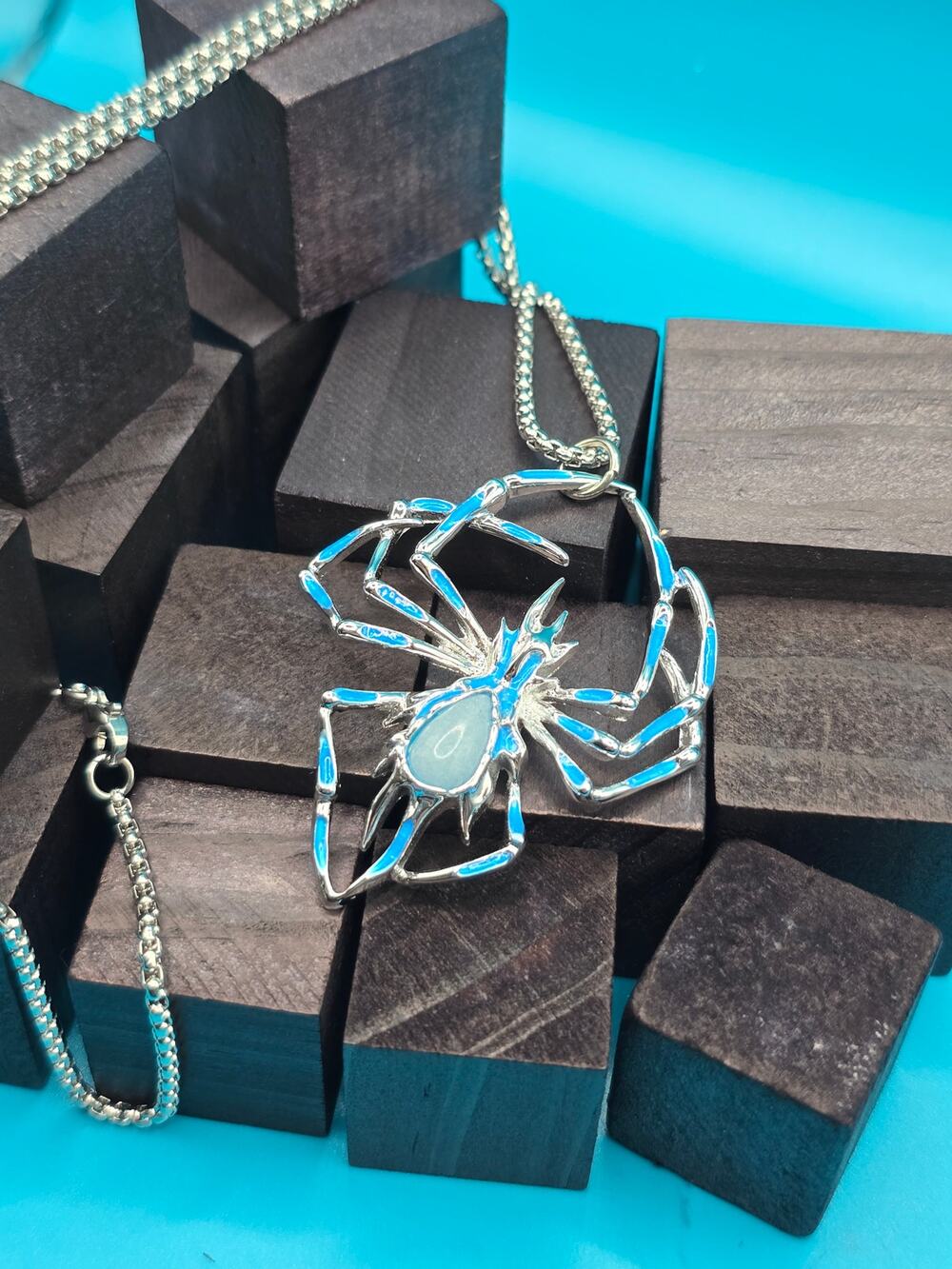 Light Blue Glow in the Dark Spider Necklace Steel 22 Inch Chain Gothic Halloween